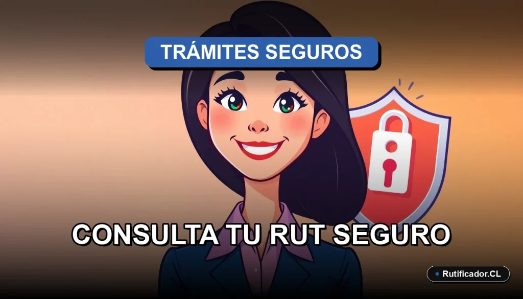 Ilustración de una profesional chilena sonriente junto a un escudo digital flotante, representando la consulta segura del RUT. Estilo corporativo amigable.