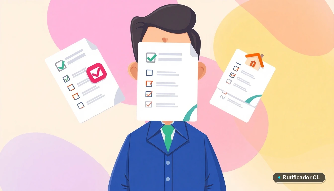 Documentos digitales estilizados y escudos flotantes con iconos de casas y checkmarks, representando trámites legales online en Chile.