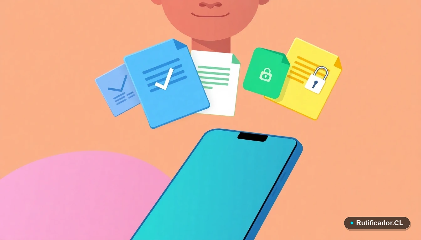 Documentos digitales estilizados y un teléfono con pantalla abstracta, representando trámites financieros online seguros en Chile.