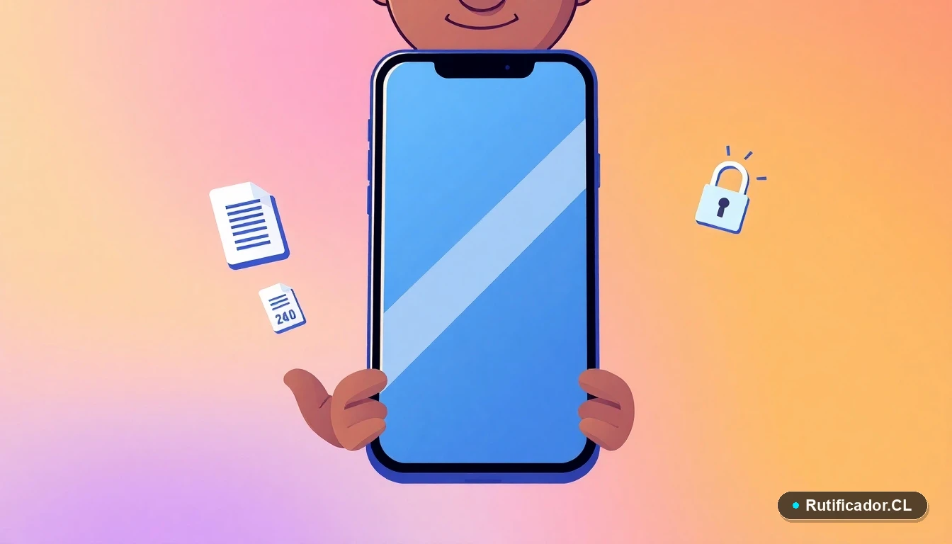 Iconos de un teléfono inteligente, documentos y un candado flotantes en estilo plano, representando la seguridad digital y trámites en Chile.