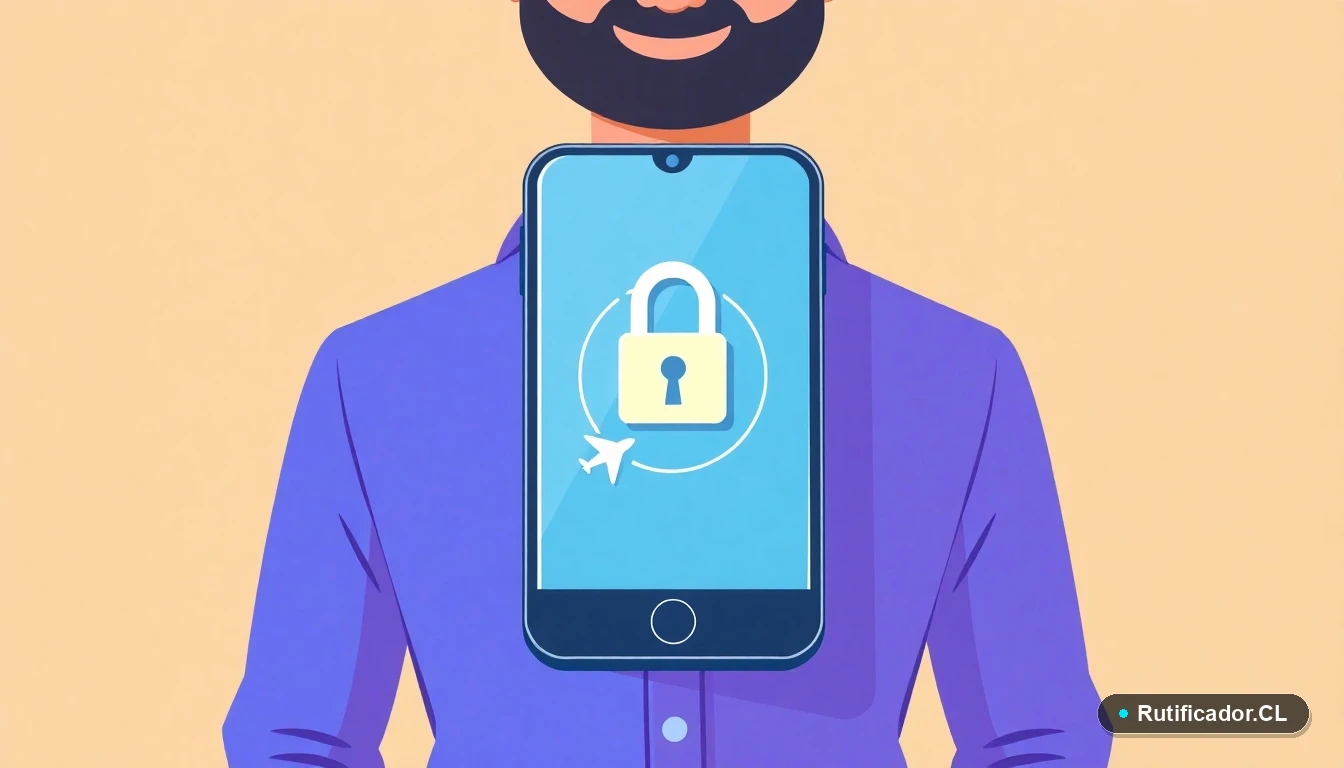 Teléfono inteligente estilizado con un candado en la pantalla y un avión cartoon, representando la seguridad al rastrear vuelos.