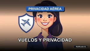 Abogada chilena sonriente junto a un escudo digital flotante que protege un avión estilizado, ilustración plana corporativa.
