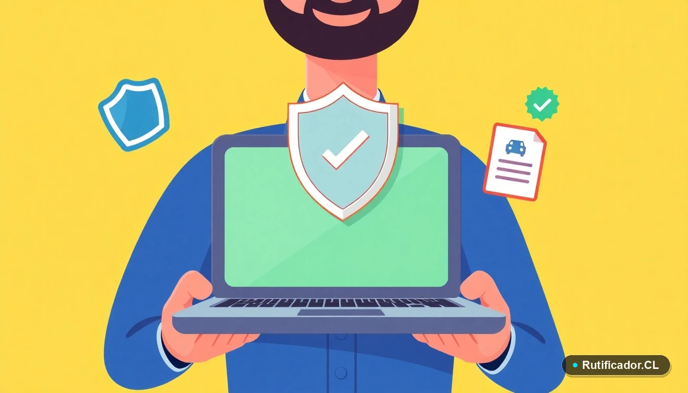 Iconos de trámite digital seguro: escudo, documento y laptop estilizados en estilo cartoon, concepto de verificación legal en línea.