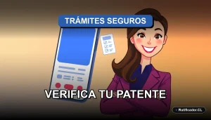 Guía legal 2026: Persona revisando la patente de su auto en un celular de manera segura, ilustración plana corporativa.