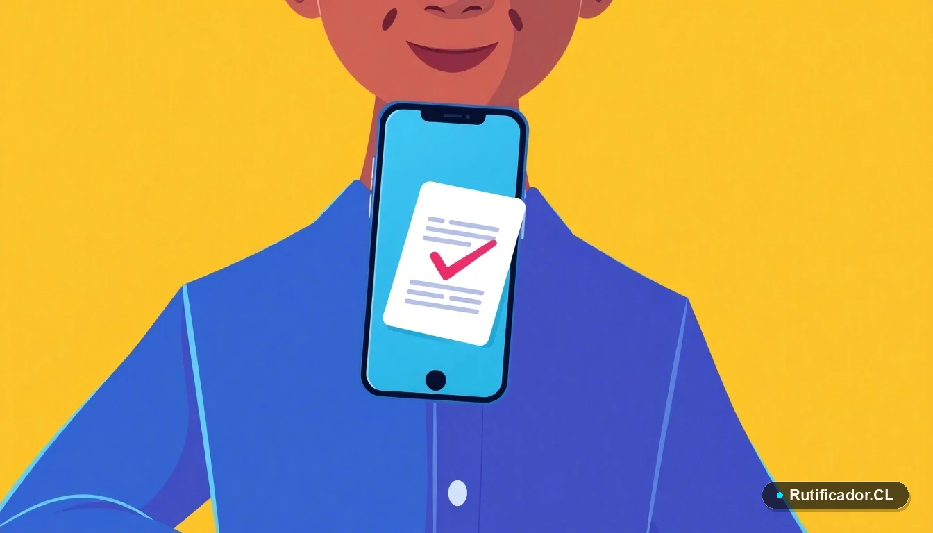 Ilustración plana de un teléfono inteligente y un documento digital estilizados flotando, representando una consulta en línea segura y sencilla.