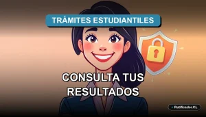 Joven profesional chilena sonriente con escudo digital flotante, guía para consultar resultados PSU de forma segura.