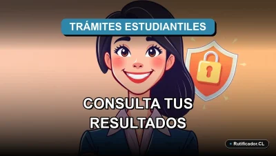 Joven profesional chilena sonriente con escudo digital flotante, guía para consultar resultados PSU de forma segura.