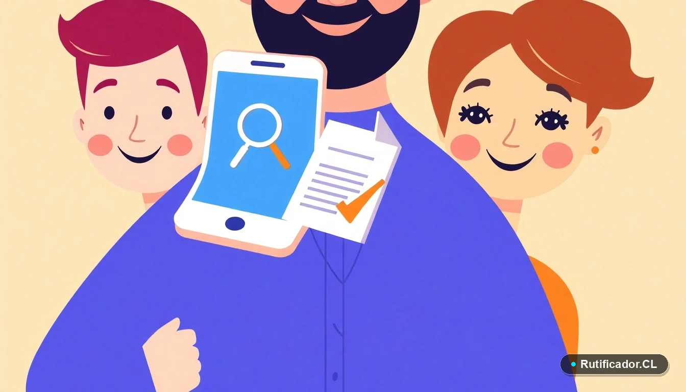 Ilustración de un trámite digital: un teléfono inteligente y un documento flotante con iconos de lupa y check, representando una consulta en línea segura.