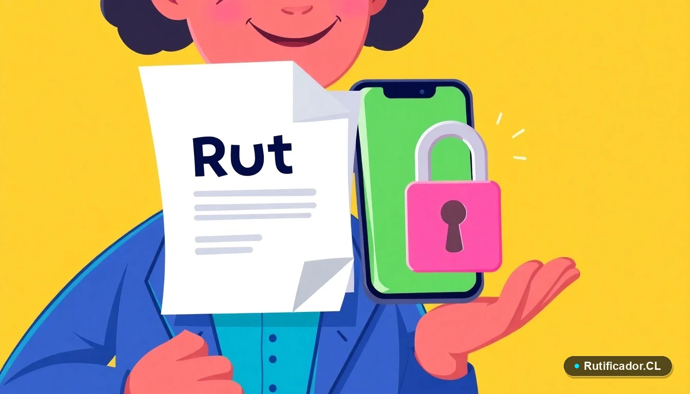 Iconos de trámite digital: documento RUT estilizado, teléfono y candado flotantes, representando seguridad y proceso oficial.