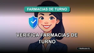 Guía oficial para verificar farmacias de turno en Chile de forma online y segura. Personaje femenino amable con un escudo digital flotante.
