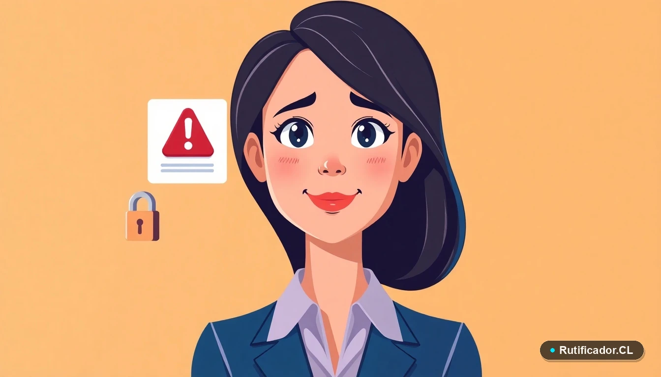 Mujer verificando documento digital con alerta de seguridad para proteger su RUT en Chile.