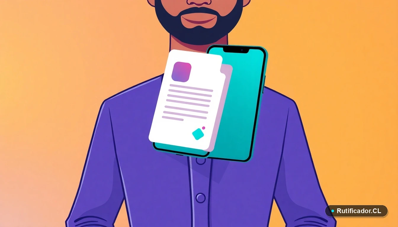 Ilustración de un documento digital y un teléfono estilizados para representar la verificación de empresas online en Chile.