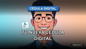Hombre sonriente con cédula de identidad digital flotante, guía 2026, trámite en Chile.