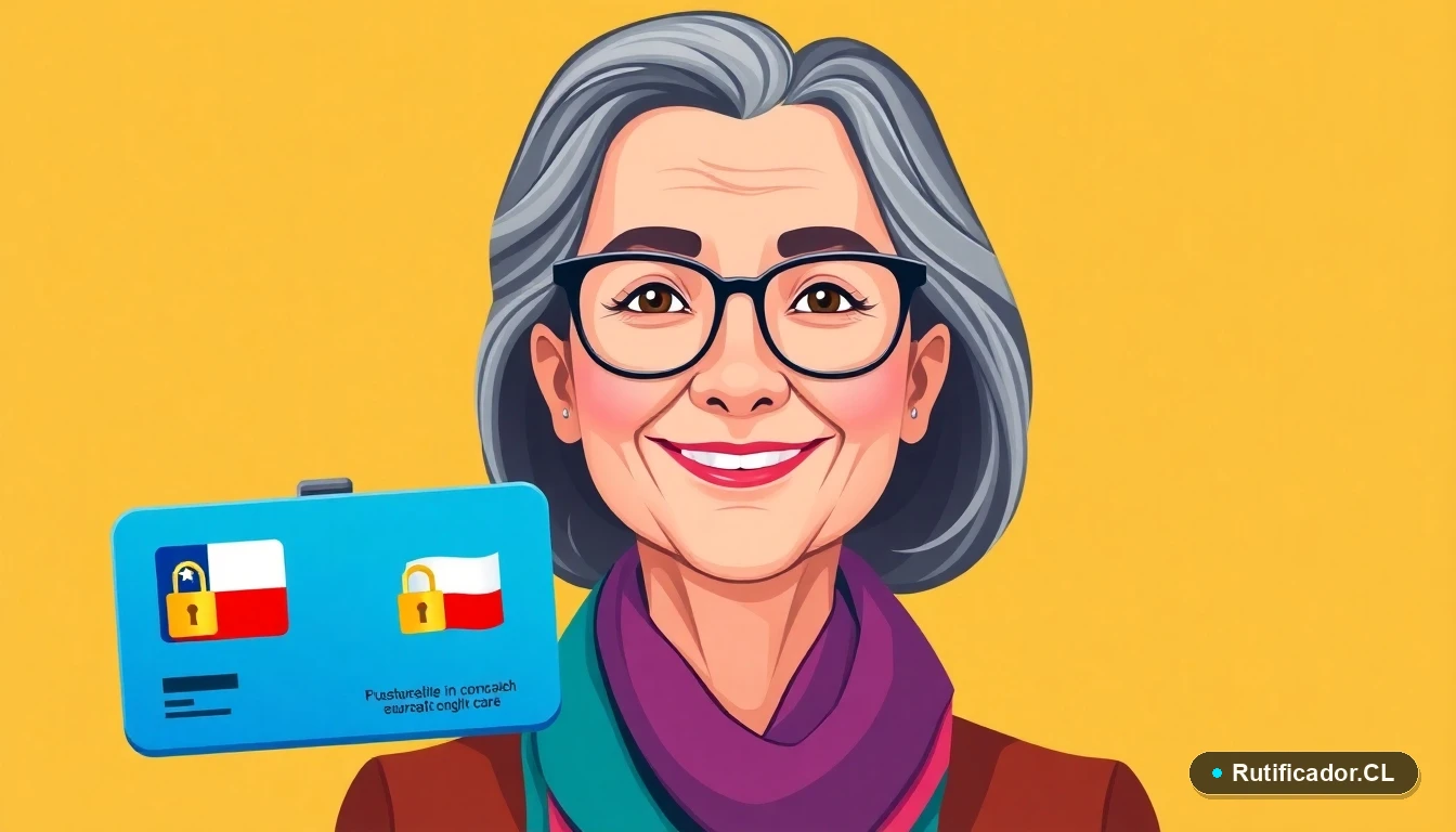 Ilustración de una mujer adulta mayor sonriente junto a la tarjeta de identificación SENAMA, representando los beneficios para la tercera edad en Chile.