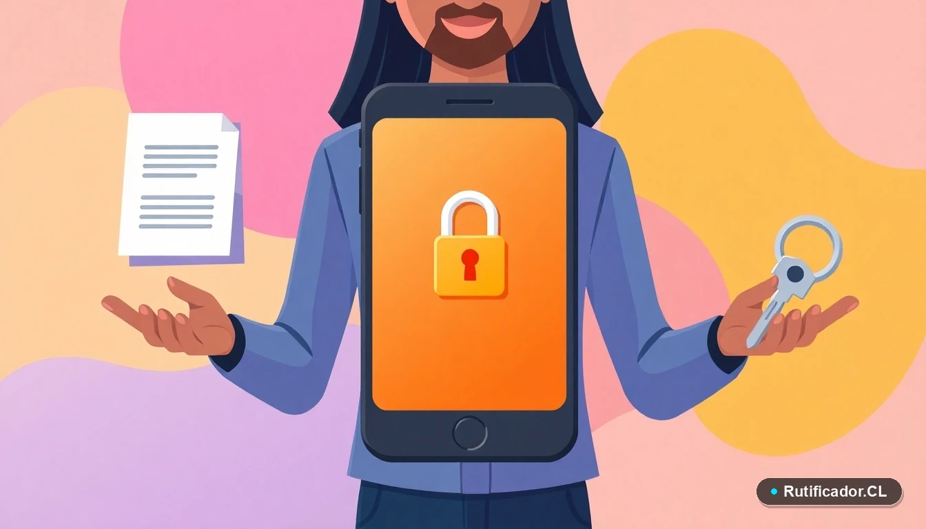 Ilustración de un teléfono inteligente, un documento y una llave digital flotantes, representando el acceso seguro a trámites en línea con ClaveÚnica.