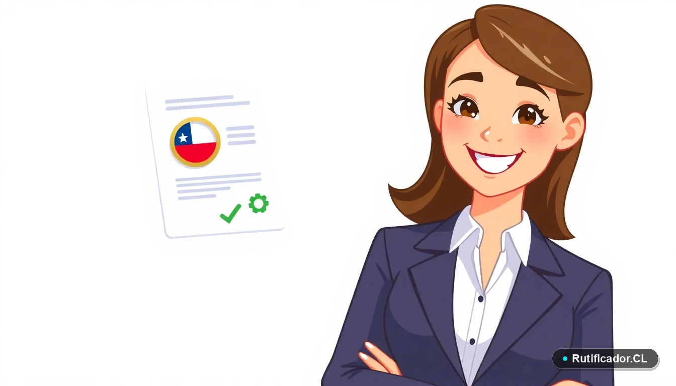 Mujer sonriente con certificado de nacimiento digital flotante, ilustración de trámite online en Chile.