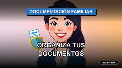 Guía legal y segura para organizar documentos familiares en Chile. Personaje profesional sonriente junto a íconos flotantes.