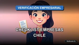 Ilustración de una profesional joven sonriente junto a un documento digital flotante, representando una guía oficial de verificación de empresas en Chile.