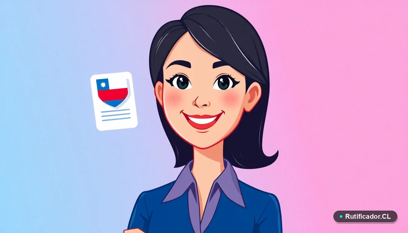 Ilustración de profesional chilena junto a documento digital de verificación de RUT y escudo de seguridad.