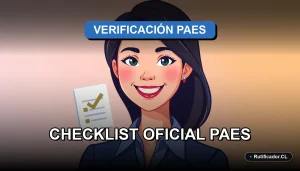 Joven profesional sonriente con checklist flotante para verificación de datos PAES 2026.