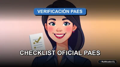 Joven profesional sonriente con checklist flotante para verificación de datos PAES 2026.