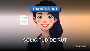 Ilustración de trámite digital para obtener el Rol Único Tributario (RUT) en Chile. Personaje profesional sonriente junto a un documento flotante.