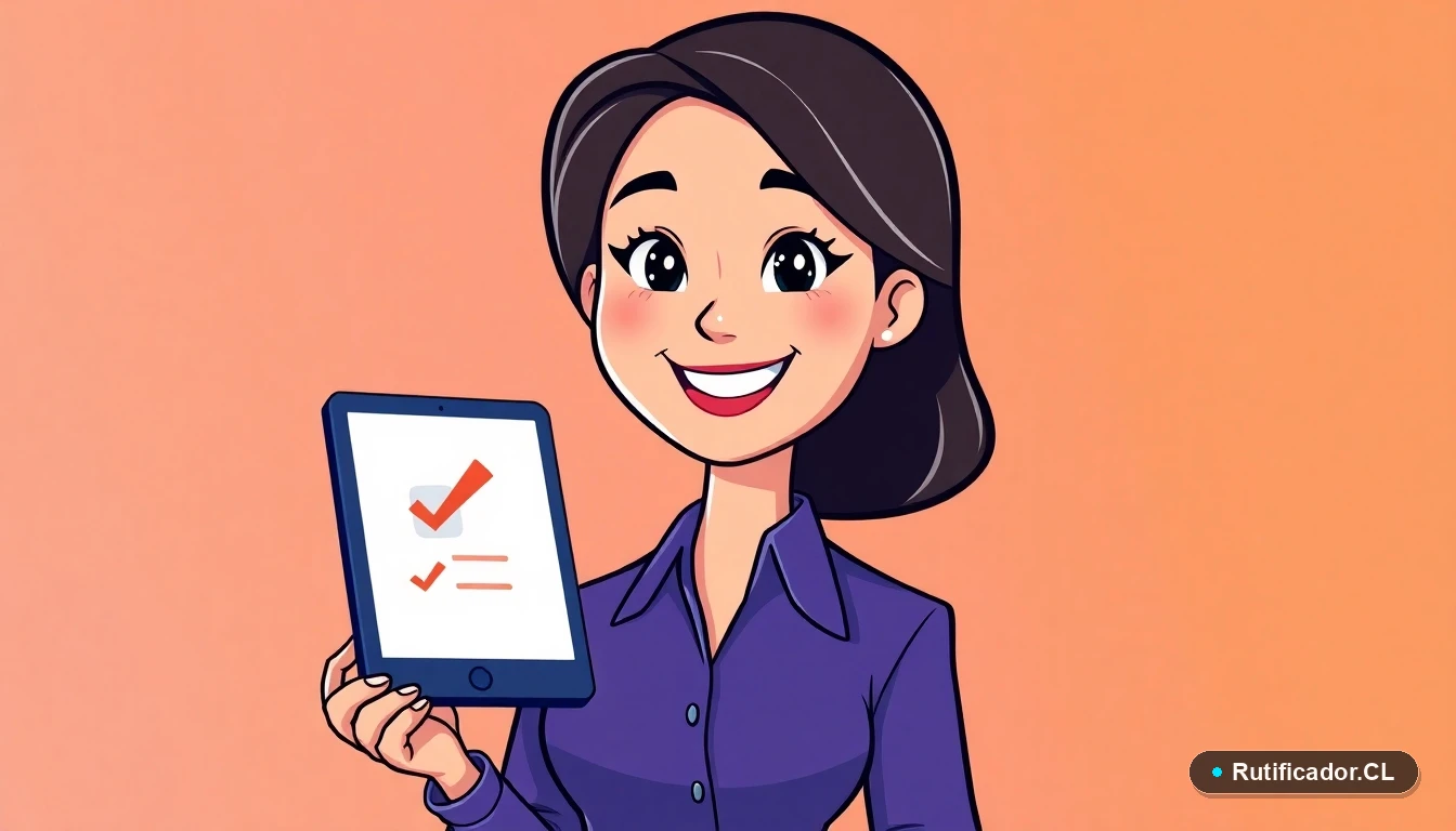 Ilustración de una profesional chilena usando una plantilla digital para controlar subsidios del Estado.