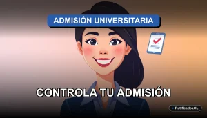 Joven profesional sonriente con un documento digital flotante al lado, representando el control del proceso de postulación a la universidad en Chile.