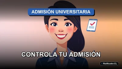 Joven profesional sonriente con un documento digital flotante al lado, representando el control del proceso de postulación a la universidad en Chile.