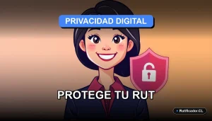 Ilustración de una profesional chilena sonriente junto a un escudo digital flotante que protege su identidad, estilo corporativo colorido.