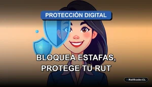Mujer profesional chilena sonriente con escudo digital flotante que protege su identidad, ilustración plana y colorida.