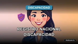 Persona sonriente junto al símbolo del Registro Nacional de la Discapacidad en Chile, fondo colorido.