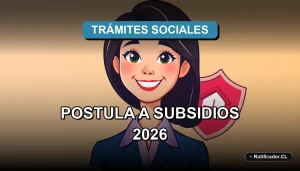 Ilustración de una profesional chilena sonriente junto a un escudo digital flotante, representando la postulación al Registro Social de Hogares.