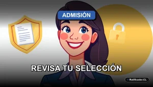 Joven chilena revisando su postulación a la universidad de forma segura en línea, ilustración plana colorida.