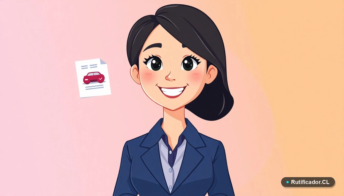 Ilustración de profesional chilena con documento digital de traspaso de vehículo