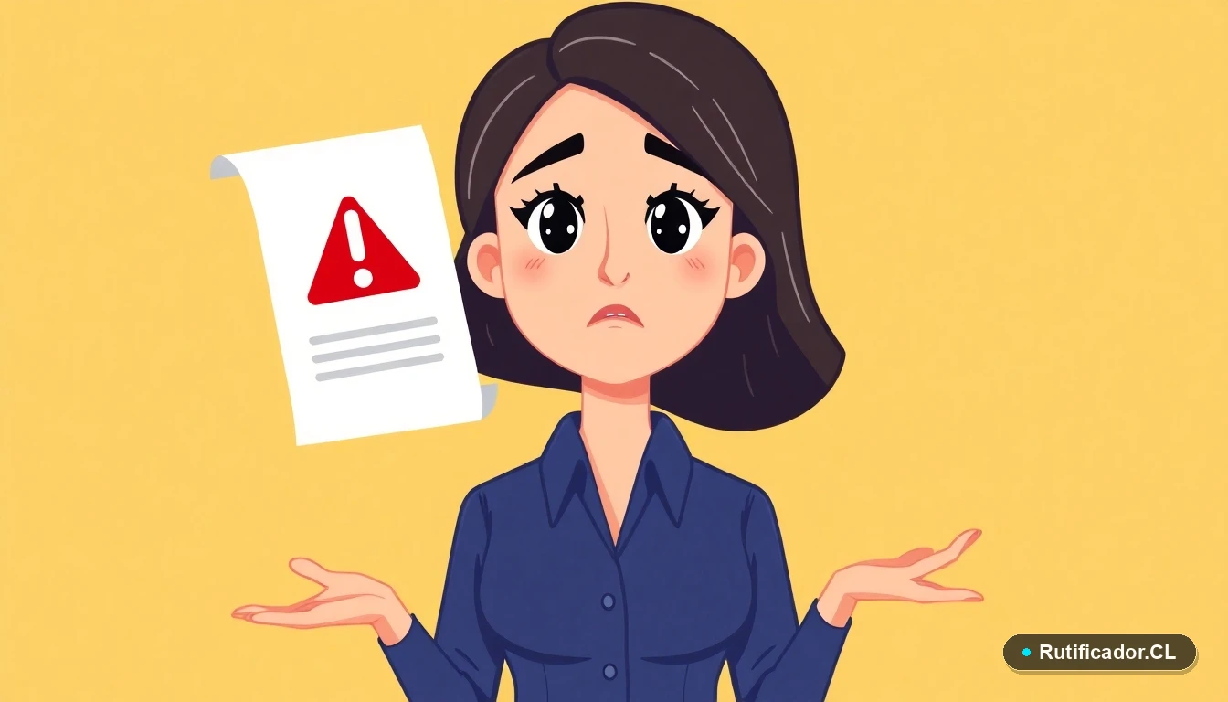 Mujer preocupada revisando documento de traspaso de vehículo con advertencia en Chile