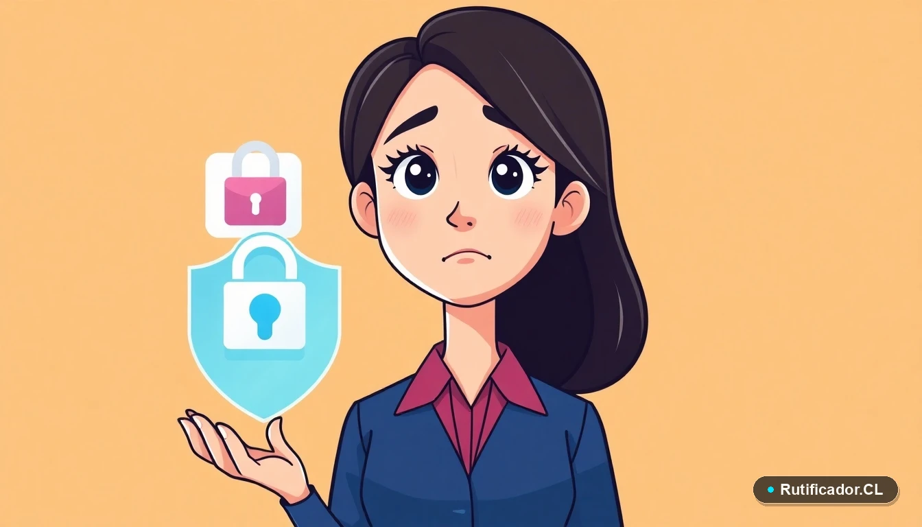 Mujer chilena verifica la seguridad de su RUT en un escudo digital con candado, ilustración plana corporativa.