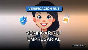Ilustración corporativa de una profesional verificando un RUT de empresa de manera legal y privada en Chile.