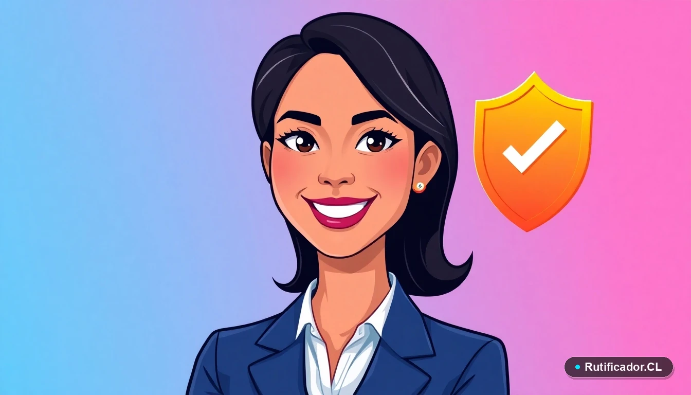 Ilustración de una profesional verificando la autenticidad de un RUT con un escudo digital de seguridad.