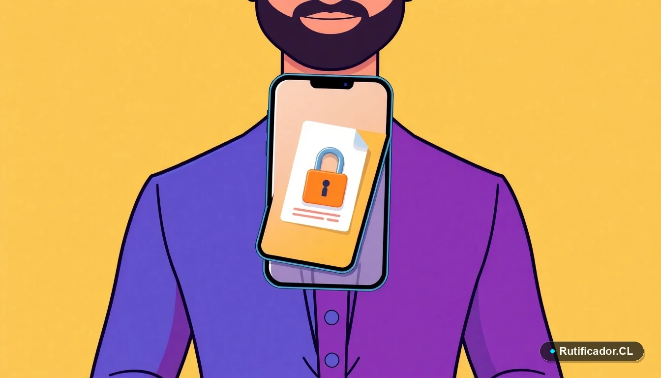 Iconos digitales de un teléfono y un documento con candado, representando la seguridad en la verificación de identidad en Chile, ilustración plana.