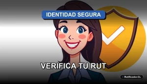 Ilustración de una profesional chilena verificando un RUT de manera digital y segura, estilo corporativo moderno.