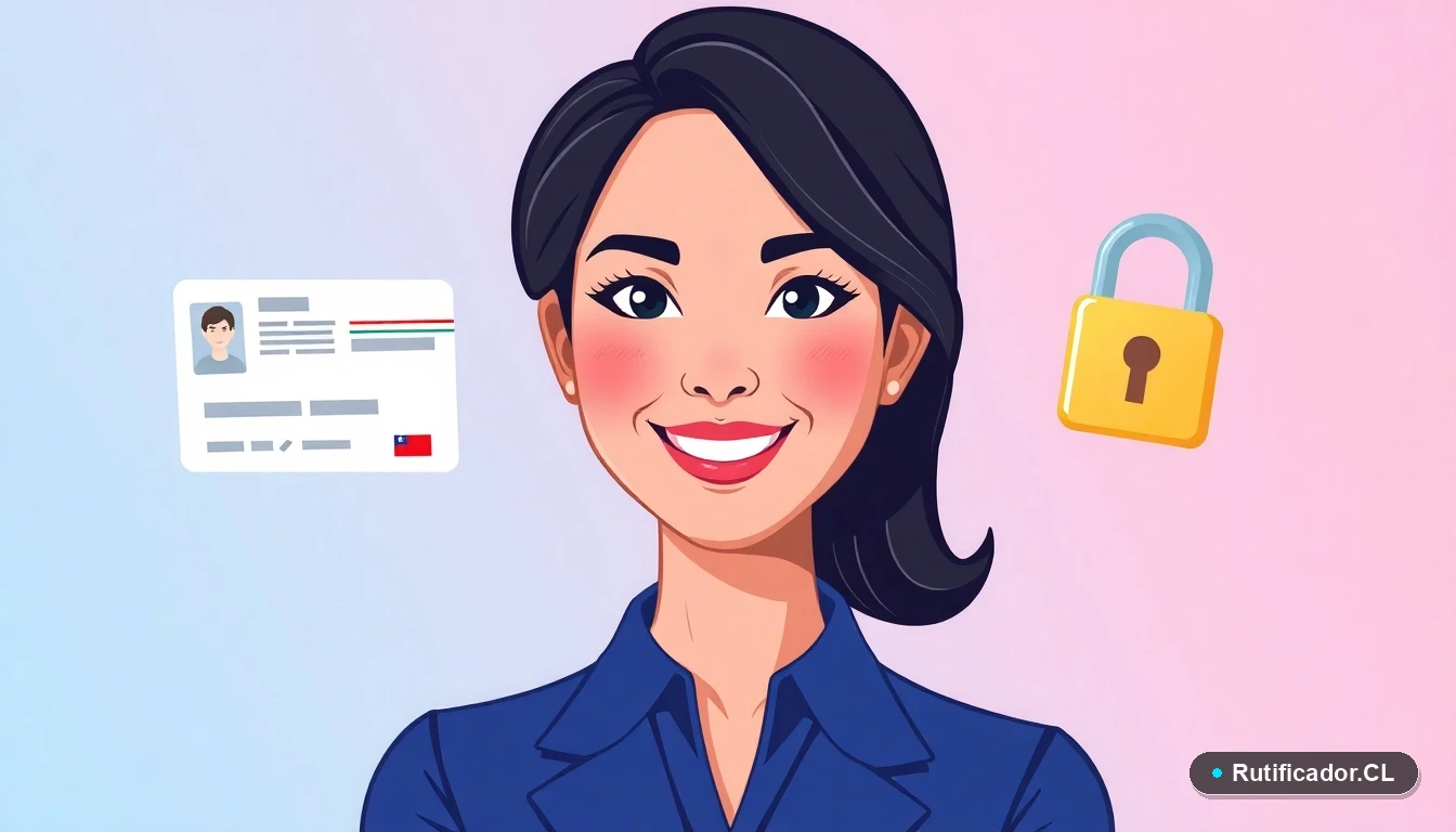 Ilustración de una profesional chilena junto a una cédula de identidad y un candado digital, representando la seguridad del cambio de nombre.