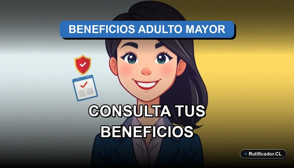 Ilustración de una profesional joven sonriendo junto a un escudo digital, representando la consulta de beneficios para el adulto mayor en Chile.