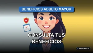 Ilustración de una profesional joven sonriendo junto a un escudo digital, representando la consulta de beneficios para el adulto mayor en Chile.