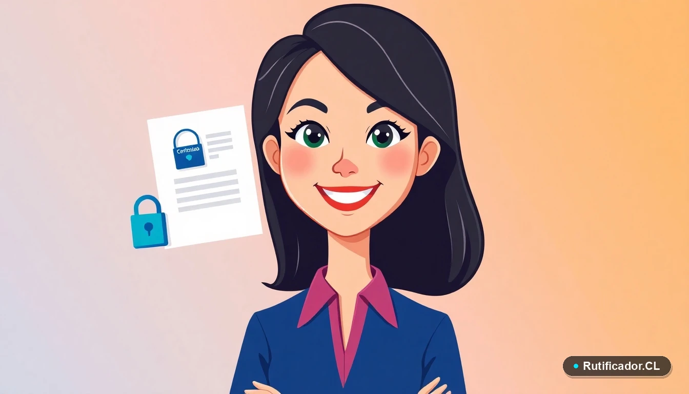 Mujer profesional chilena junto a certificado digital de inhabilidad con símbolo de seguridad.