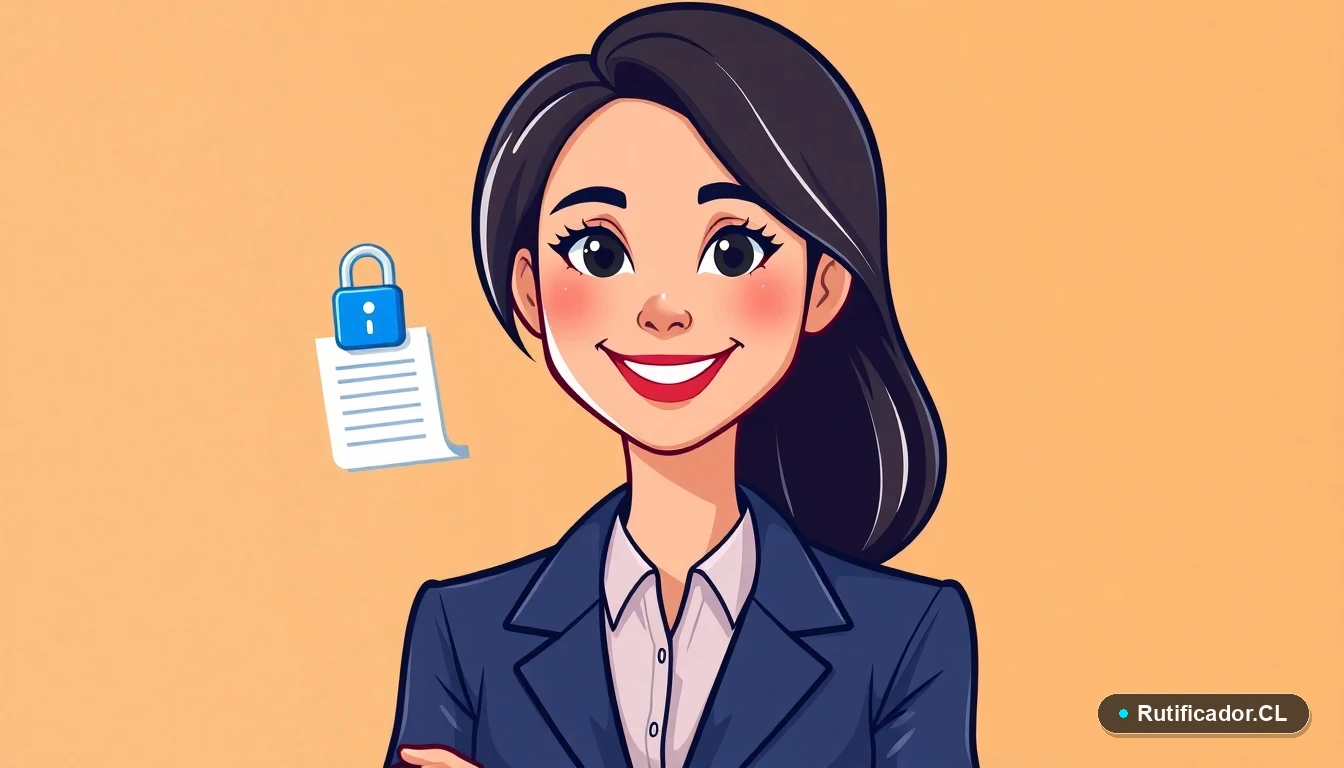 Profesional chilena digitalizando documentos con seguridad y un candado digital flotante.