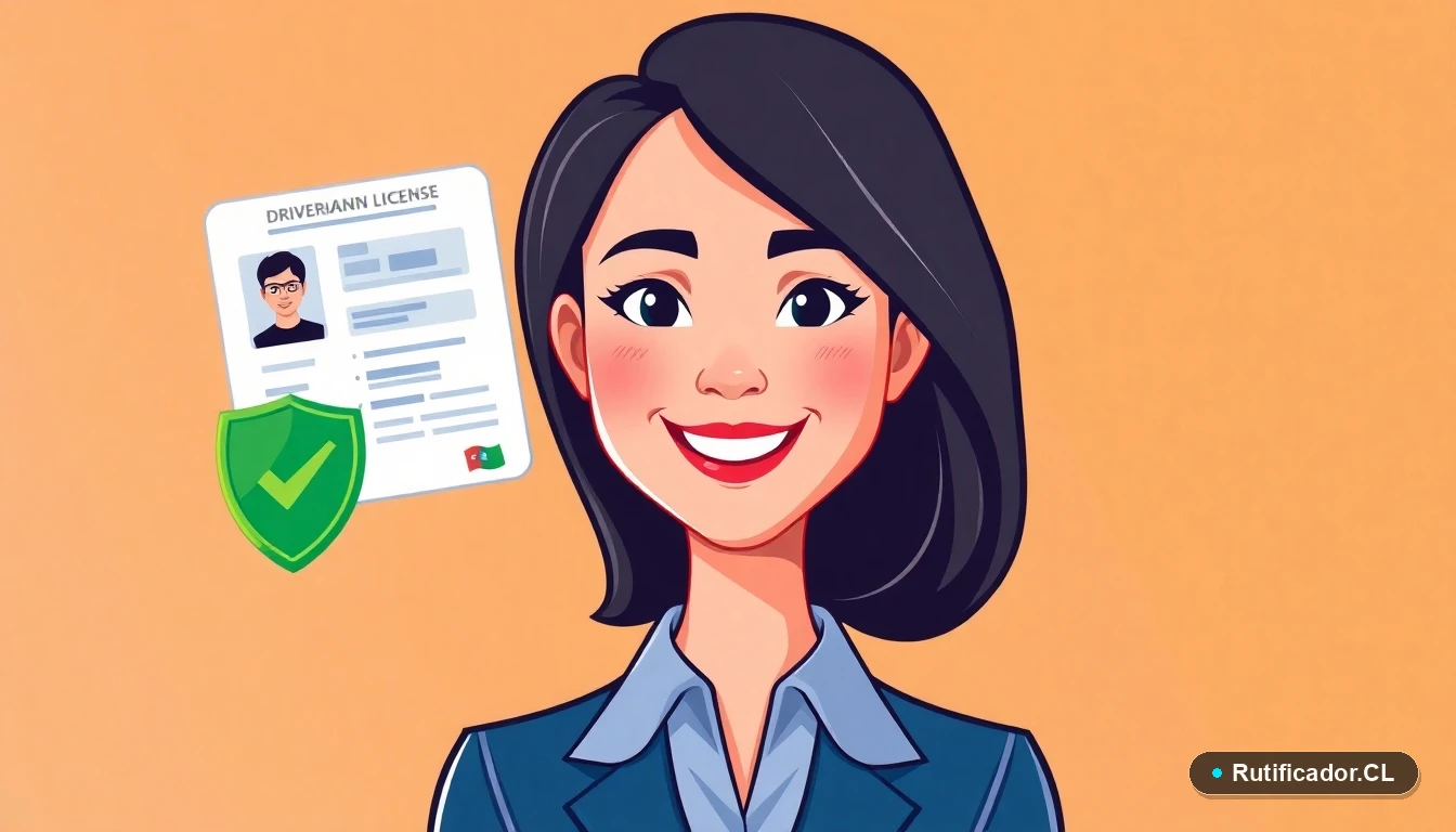 Mujer profesional sonriente junto a licencia de conducir chilena y escudo de verificación, ilustración plana.