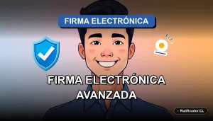 Hombre profesional chileno sonriendo junto a un escudo digital, representando la validez legal de la firma electrónica avanzada en Chile.