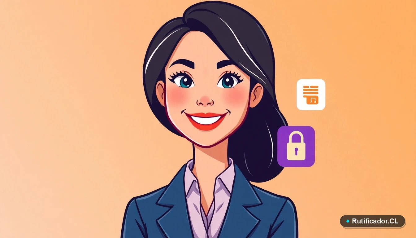 Profesional chilena organizando documentos digitales legales de forma segura con icono de candado.