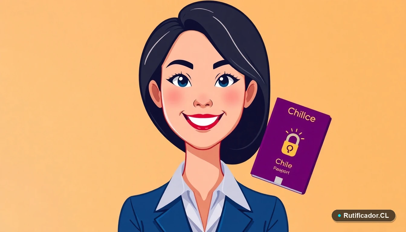 Mujer chilena revisando los requisitos para renovar su pasaporte de forma segura, ilustración vectorial.